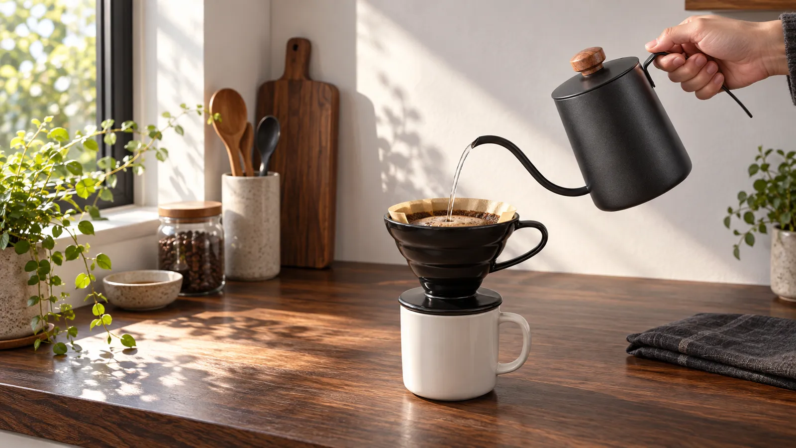 Black DC05 pouring pot and ECV02 porcelain dripper in use on a sunlit walnut kitchen counter; cup and filter are styling props
